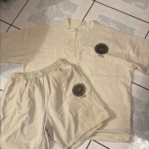 Beige Shirt and Short Set with Aztec Design Linen